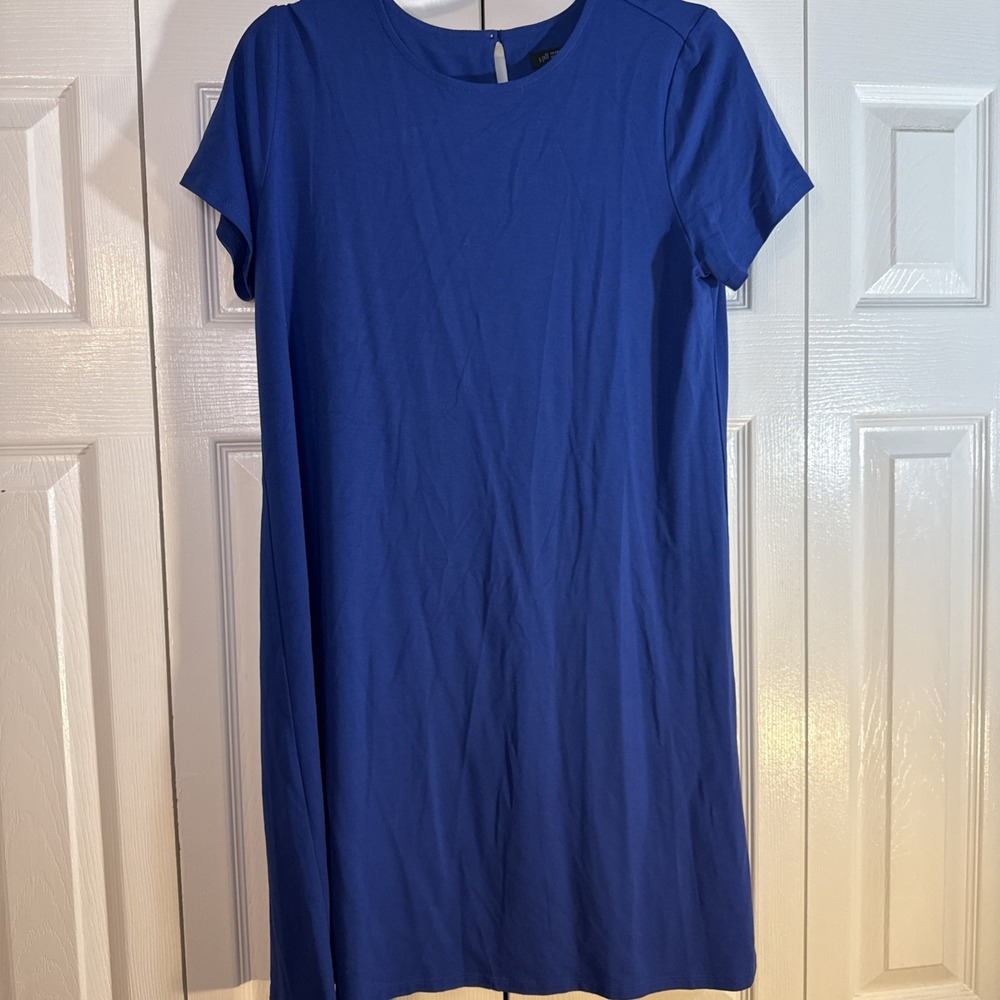 J Jill Dress Blue Opal Size Petite Medium Cotton Stretch Travel Short Sleeve NWT
